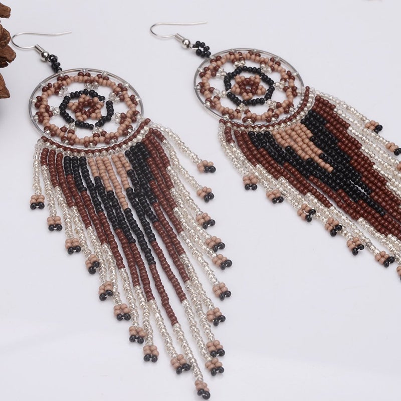 Tarsus Bead Earrings Dangle for Women Seed Bead Dream Catcher Women Hypoallergenic Beaded Native American(Gray) - Image 5